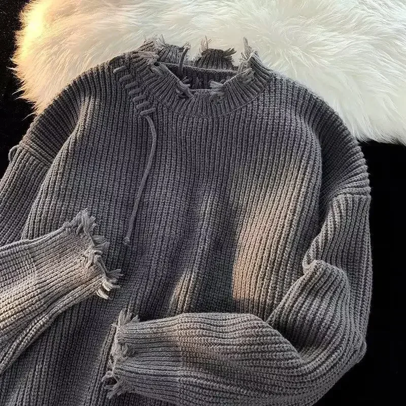 Winter Clothing Korean - เสื้อผ้าผู้ชายเสื้อถักสีเบจแบบสวมหัวเสื้อสเวตเตอร์ชายขาดมีรูสีทึบเย็บปะติดปะต่อกันทรงหลวมแบบเรียบง่ายเสื้อผ้าฤดูใบไม้ร่วงเกาหลี X A