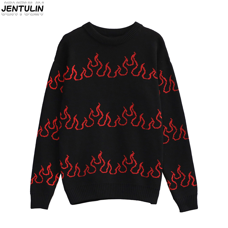 Winter Clothing Trends 2025 - เสื้อไหมพรมลายเปลวไฟสำหรับผู้ชายและผู้หญิง แขนยาว คอกลม สไตล์สตรีทแวร์ ฤดูหนาว-ฤดูใบไม้ผลิ 2025