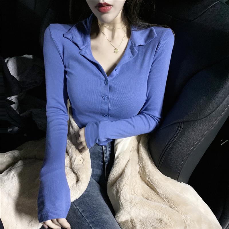 Winter Clothing Trends 2025 - เสื้อโปโล100พร้อมกระดุมสีฟ้าสำหรับผู้หญิงเสื้อยืดธรรมดาสำหรับฤดูใบไม้ผลิ-ใบไม้ร่วงเสื้อยืดสไตล์เกาหลีเทรนด์2025คุณภาพสูง