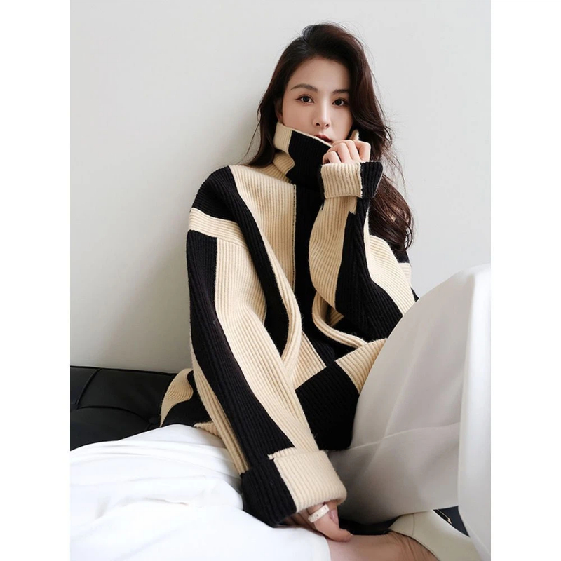 Winter Clothing Korean - เสื้อสเวตเตอร์ไหมพรมแขนยาวลายทางสไตล์เกาหลี ทรงหลวม แฟชั่นใหม่ ฤดูใบไม้ร่วง ฤดูหนาว เสื้อผ้าลำลองสำหรับผู้หญิง