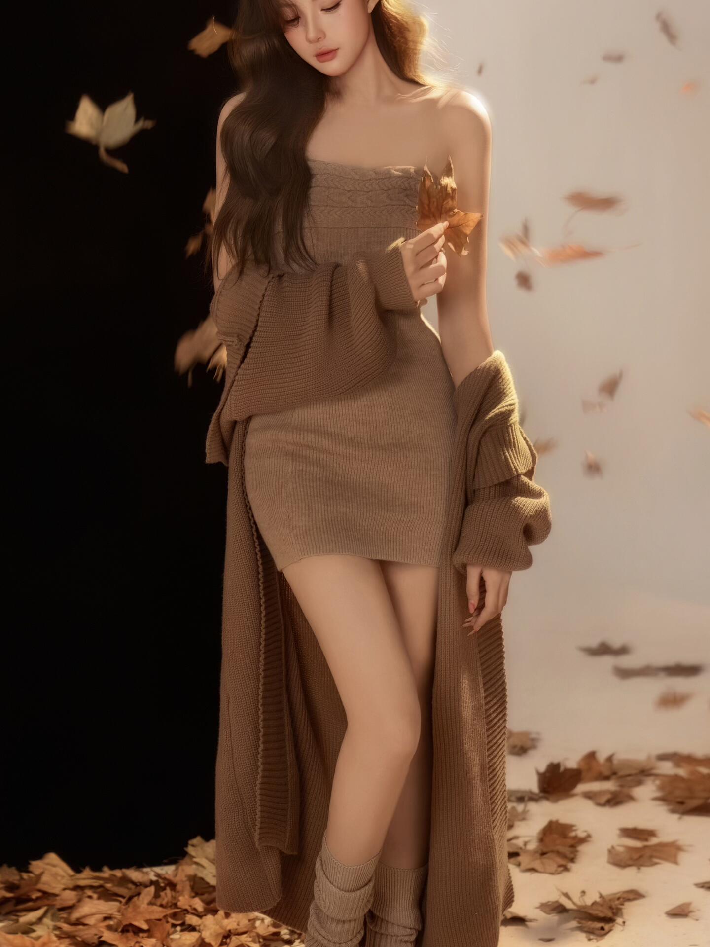 ชุดถักไหมพรมสีน้ำตาลสไตล์ลำลอง - Winter Clothing Photo บทวิจารณ์และราคา